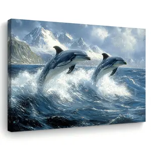 Room Decoration Dolphin Canvas Wall Painting, Ocean Theme Framed Painting, High-Definition Canvas Decorative Painting 11.8* 15.7inch (30* 40cm ) with Wooden Frame -- Modern Home Decoration, Can Be Directly Hung in Living Room, Bedroom