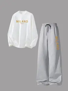 Women's Y2K Style Sweatsuit Set, Milano Letter Print Design, Loose Fit Long Sleeves & Drawstring Pants, Spring Fall Casual Wear