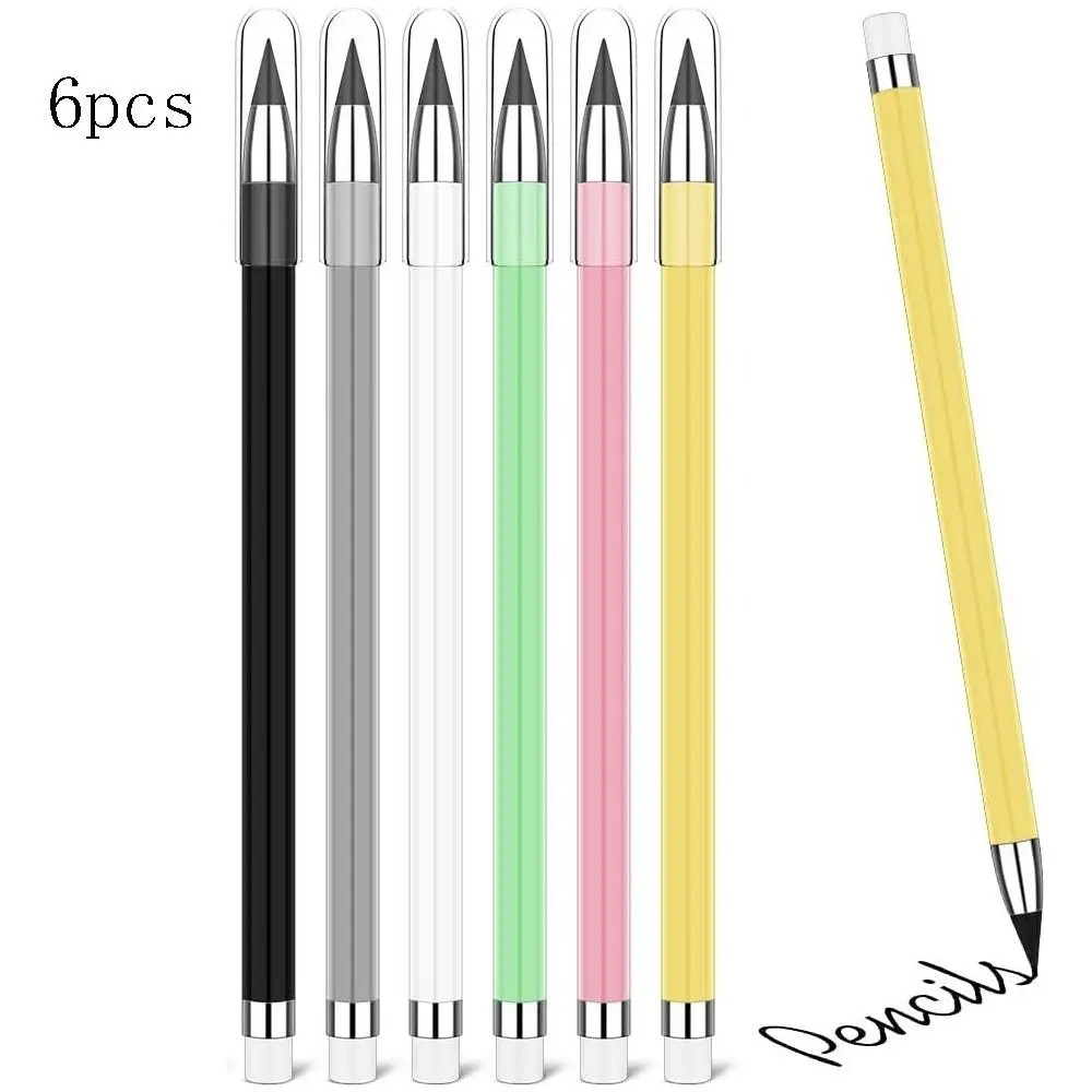 Inkless Pencil with Eraser, 6 Counts Continuous Core Eternal Pencil, Infinity Pencil, Students Writing Stationery for Home School Office