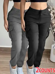 2-pack women’s athletic casual jogger cargo pants for spring/autumn, lightweight with elastic waistband and drawstring, pockets—suitable for everyday casual outdoor wear womens work