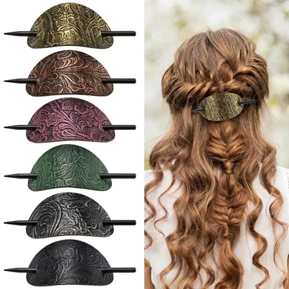 New Leather Hair Barrette with Stick Faux Leather Hair Barrette Hair Tie Oval Shape Hair Pins Ponytail Holders Hair Accessories