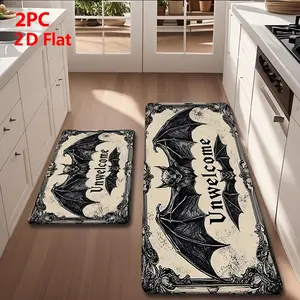 2pcs/3pcs Flannel Kitchen Mat Set, Vintage Gothic Bat Pattern, Non-Slip, Absorbent, Home Decor for Kitchen, Bathroom, Laundry Room, Hallway