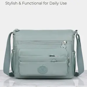 Lightweight Multi-Pocket Nylon Crossbody Bag for Women – Water-Resistant Sage Green Shoulder Purse – Large Capacity Travel Messenger Bag for Daily Essentials, 0.35kg