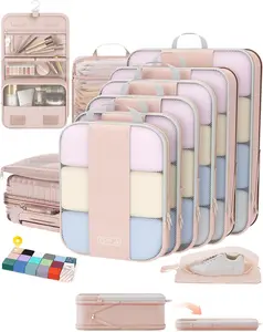 10 Set Compression Packing Cubes for Travel Gifts Women Mom Beige Zipper Luggage Clothes Organizer Airplane Cruise Car Train Essentials Expandable Saver Space Bags