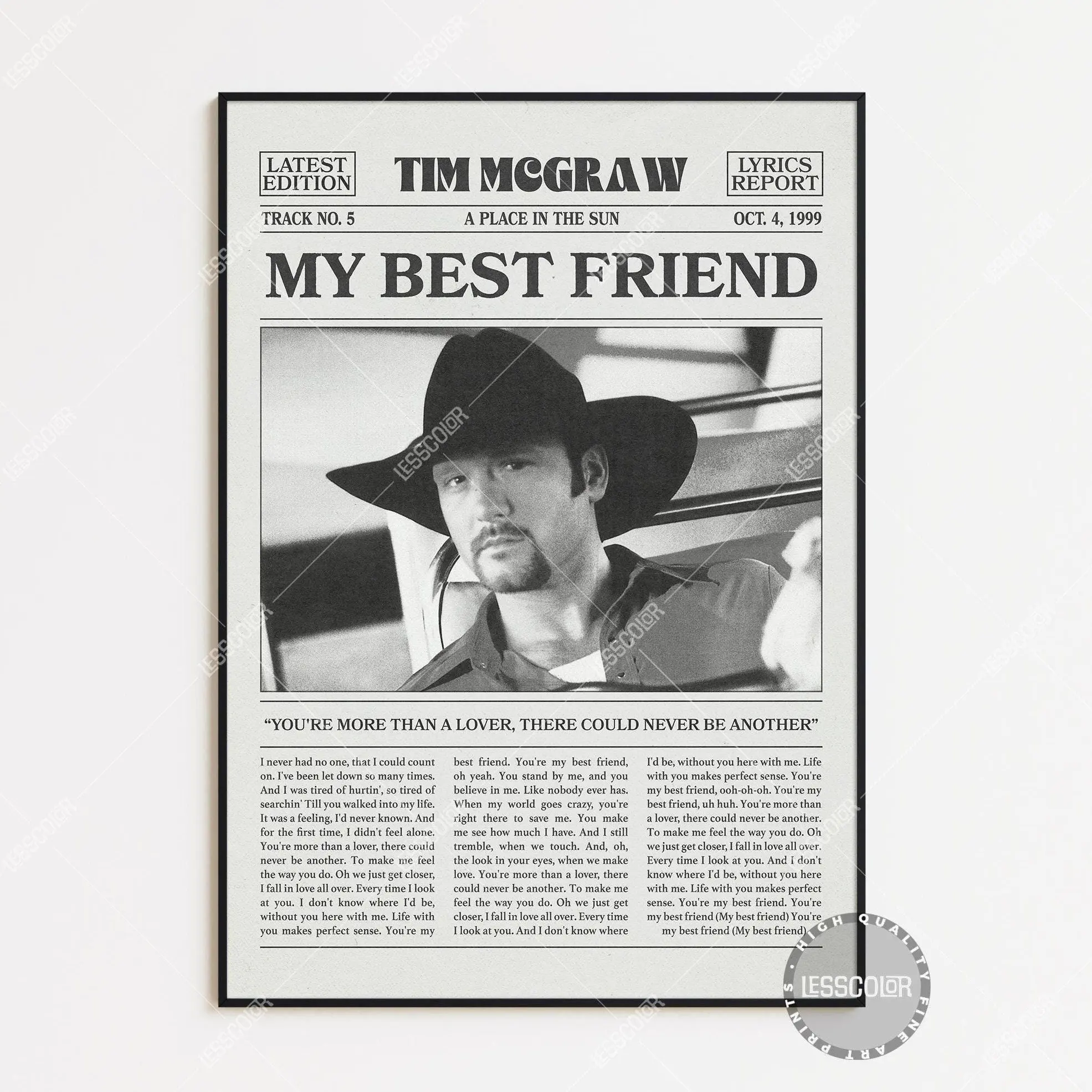 Tim McGraw Retro Newspaper Print, My Best Friend Poster No Frame, My Best Friend Lyrics Print, Tim McGraw Poster, A Place in the Sun Poster
