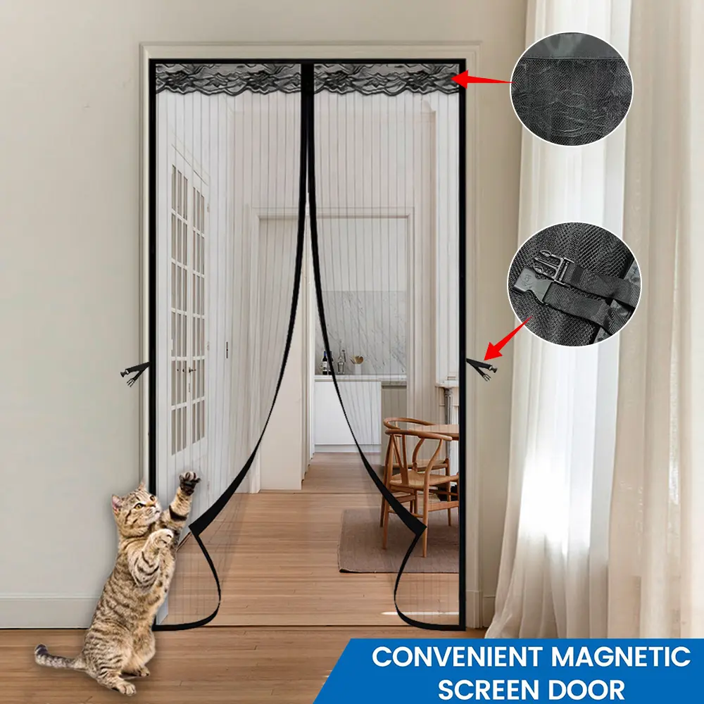 AIYYIPA 1Pc Lace Design Magnetic Screen Door - Polyester, Magnet-Powered, Bug Barrier, Fly-Proof Folds, Magnetic Close, Heavy Duty, Pet Friendly, Breeze Permeable, Anti-Insect Dustproof Mesh for Kitchen, Living Room