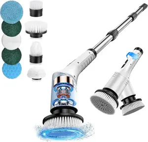 IPX7 Waterproof Electric Spin Scrubber, Power Cleaner with 9 Brush Heads, LED Battery Display, 2 Speeds Adjustable Long Handle for Kitchen Bathroom, Shower, Tile & Car Cleaning (A-White)