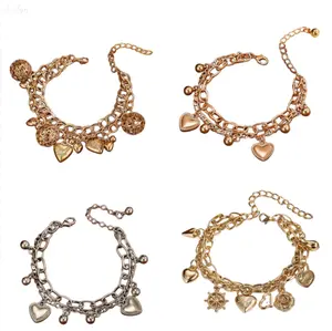 4 Styles Multi Layer Chunky Link Charm Bracelet, Gold Silver Tone Assorted Heart Rose Ball Pendant Stackable Wrist Jewelry