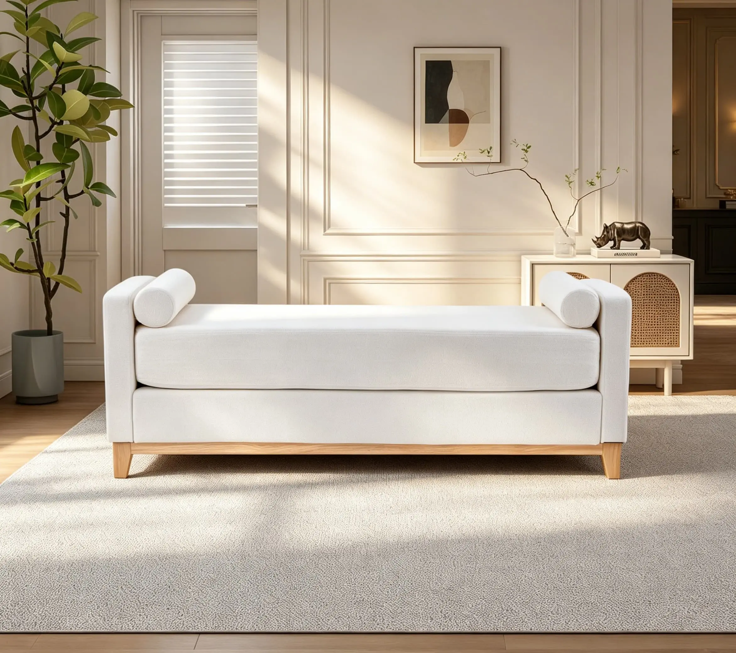 Black Sherpa Bench Ottoman with 2 Pillows, 66.34" Size, Solid Wood Legs for Bed End & Entryway