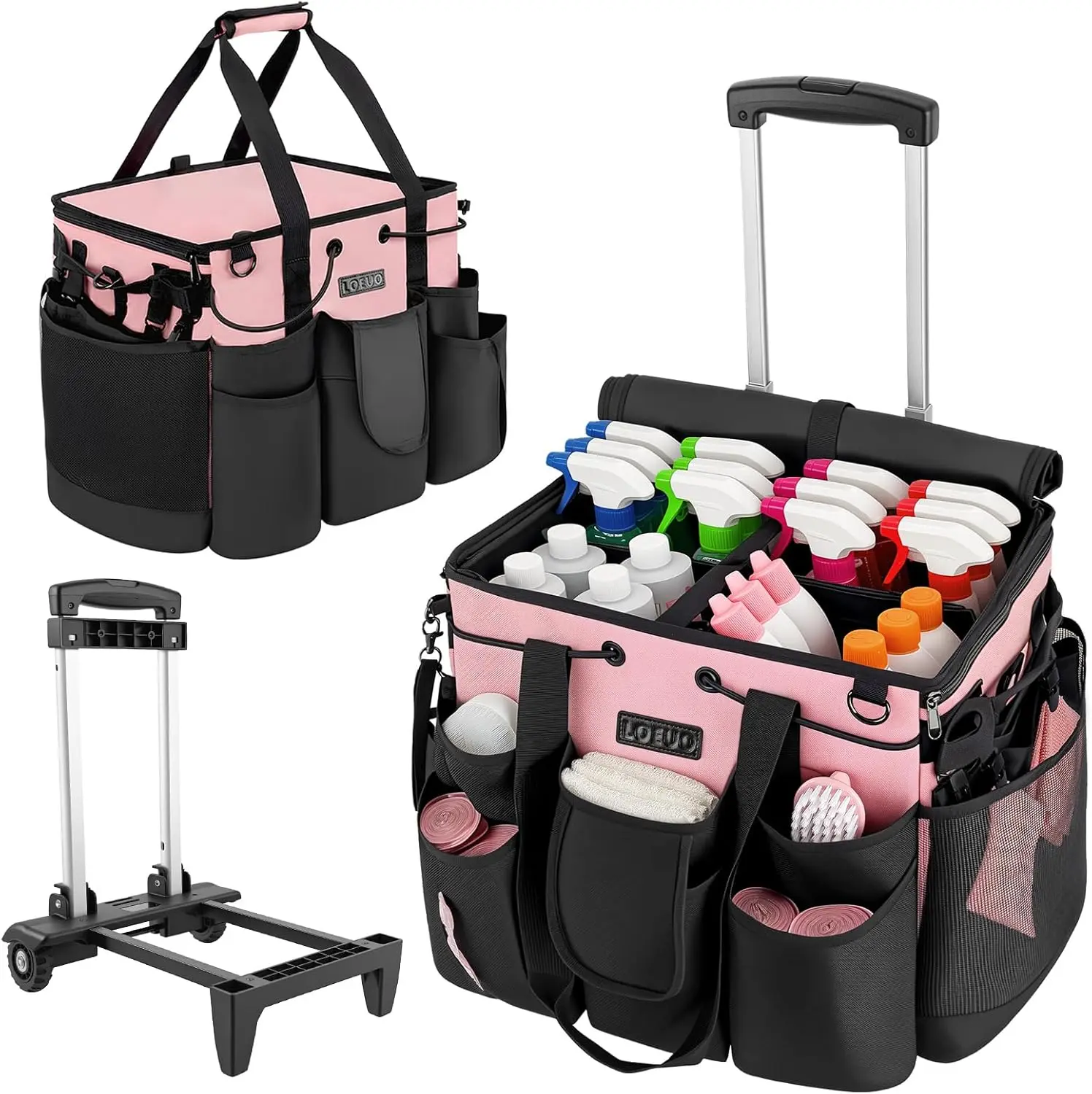 Rolling Cleaning Caddy Gym Bag - Portable Water-Resistant Oxford Tote with Wheels, Shoulder Strap, Adjustable Dividers, Customizable Storage, Easy to Clean for Efficient Cleaning, Organizing Office Supplies, Busy Individuals, Car Tools, Gardening Gear, Ho
