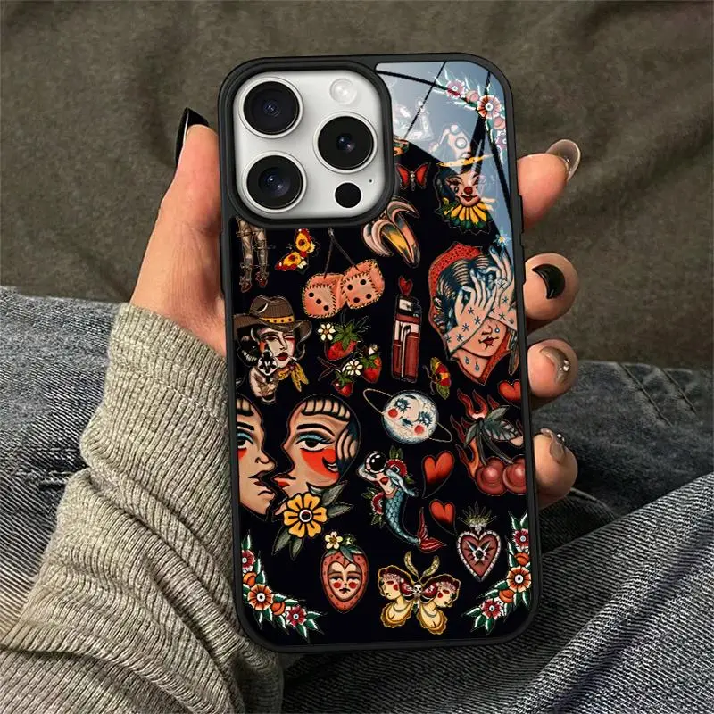 2 in 1 Glass & Acrylic Hard Case, Anti-drop Total Protective Protective Case, Shockproof Phone Accessories Compatible with iPhone, Cover, Decorative P