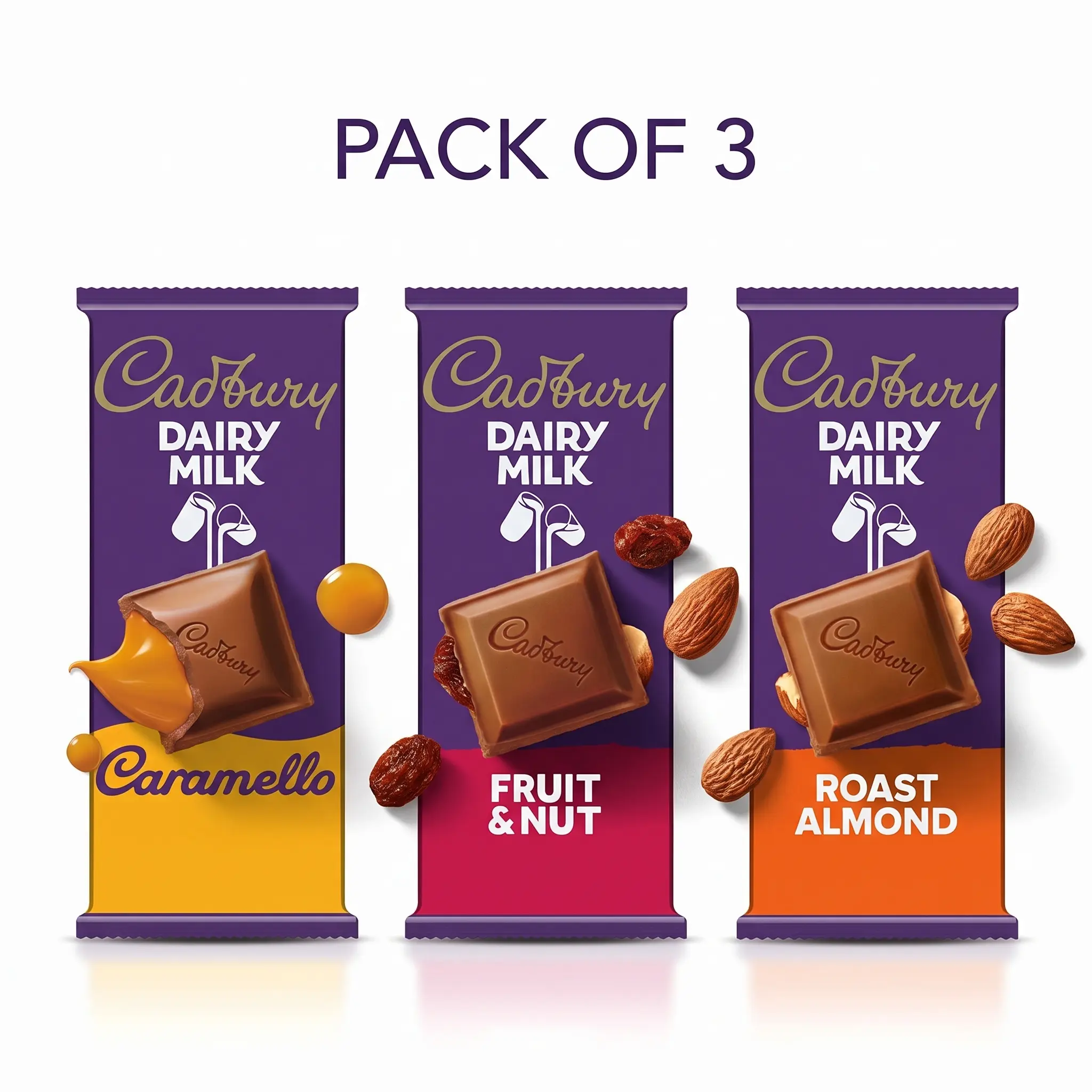Cadbury Dairy Milk Deluxe Variety Pack, Fruit & Nut, Caramello & Roast Almond Chocolate Candy Bars, 3 Pack, Assorted Milk Chocolate Bars with Nutty, Caramel & Fruity Flavors, Individually Wrapped Treats