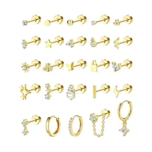 Hypoallergenic Earrings Set for Sensitive Ears, Stainless Steel Earrings for Women, Dainty Flat Back Studs & Hoops for Multiple Piercings, Earring Stacking Set