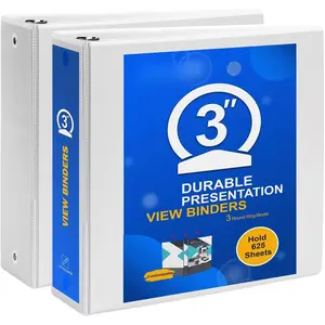 3 Ring Binder 3 inch with Clear View Cover, Large 3" Round Ring for Strength, Holds 600 Sheets of  Letter Size Paper, Office  School, 2 Pack (White)