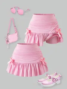 Adorable Bow Skirt for Girls Ages 4-12, High-Waisted Ruffled Hem, Safety Padded Shorts, Perfect for Summer Parties and Photoshoots