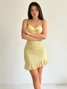 Women's Light Strapless Short Dress Knit, Single Side Thin Straps, Ruched Design, Slimming Concealing, Casual Daily Wear, Everyday