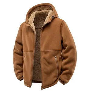 Men's Caramel Double Fleece Hooded Jacket with Zipper Pockets Warm Casual Daily Outerwear for Everyday Use