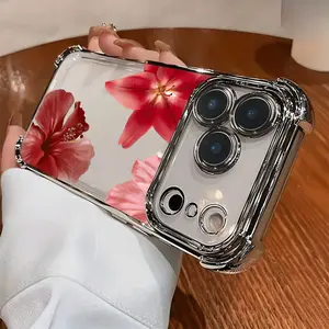 Elegant and stylish personalized red flower-themed airbag anti-drop electroplated phone case,for iPhone 17 Pro Max Phone Case 17 Air 16 E 15 Plus 14 13 12 11 X XS XR, Samsung Galaxy S22 S23 S24 S25 ULTRA FE Plus EDGE