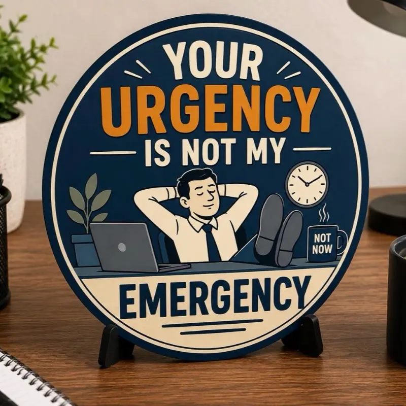 11-in 3D Printed Funny Office Desk Sign Artwork - "Your Urgency " - Wall & Desk Decor, Coworker Gift, Office Humor Home Decor Plaqu