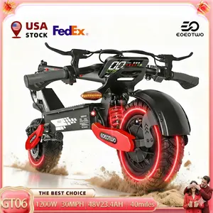 【 EOEOTOW  & GT06】Electric scooter with a range of 40 miles, equipped with a 1200 W motor, top speed of 30 miles per hour, 11-inch all-terrain tires, front and rear shock absorbers, an LED display screen, and a foldable design.
