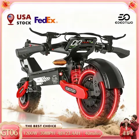 EOEOTWO&GT06 Sport Compact Electric Commuting Motorized Scooter - 1200W Motor, 40mi Range, 30mph Top Speed, 11in All-Terrain Tires, Front & Rear Shock Absorbers, Steering Damper, LED Display Screen, Turn Signals, Portable Folding Design
