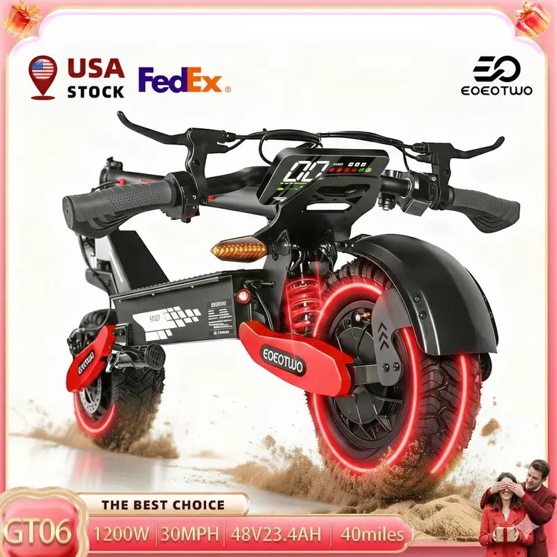 EOEOTWO>06 Sport Compact Electric Commuting Motorized Scooter - 1200W Motor, 40mi Range, 30mph Top Speed, 11in All-Terrain Tires, Front & Rear Shock Absorbers, Steering Damper, LED Display Screen, Turn Signals, Portable Folding Design