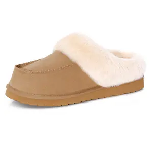 FITORY Women’s Suede Slippers with Faux Fur, Winter Warm Memory Foam Comfort Indoor Outdoor Non-Slip Shoes, Size 6-11 Brown
