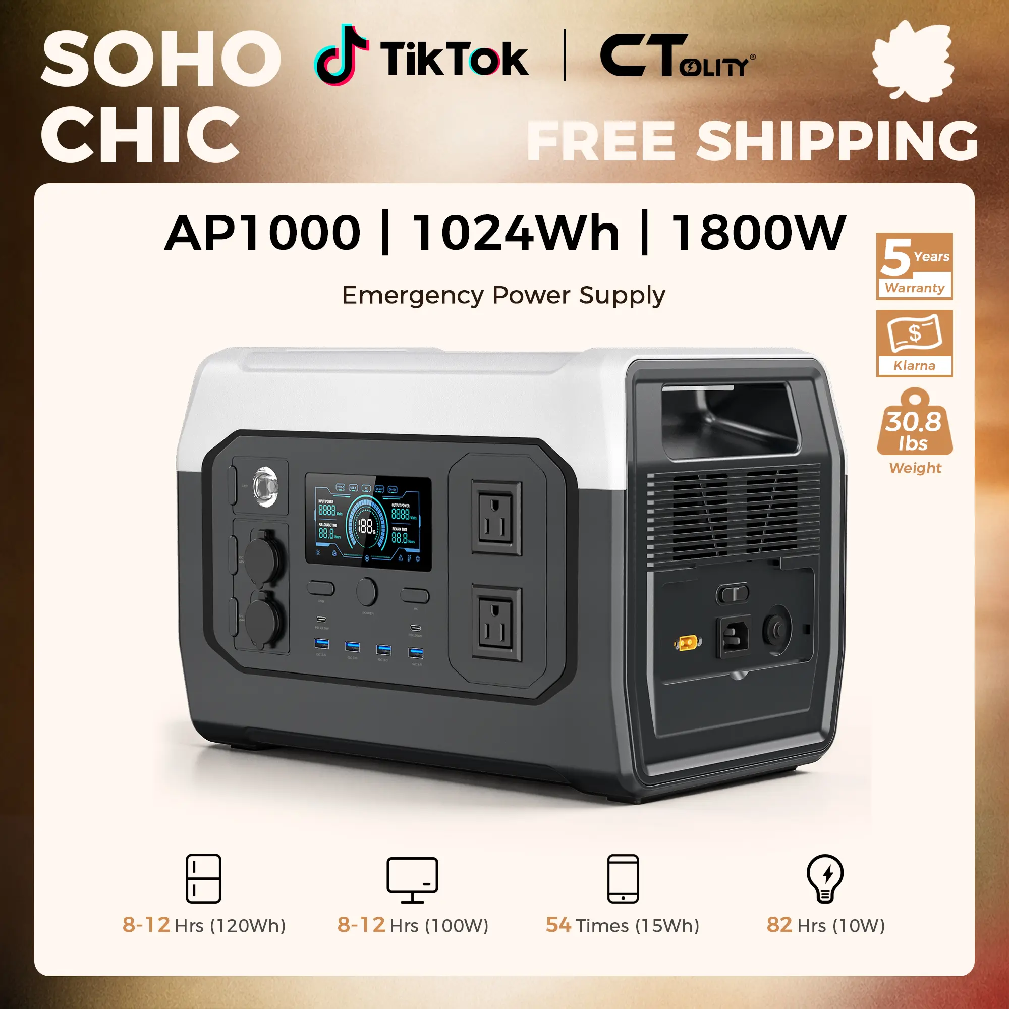 CTOLITY Portable Power Station 1800W Camping Home Backup 1024Wh LiFePO4 Solar Generator for Off Grid Living, Fast Charging 11 Output Ports & 10ms UPS for Emergencies