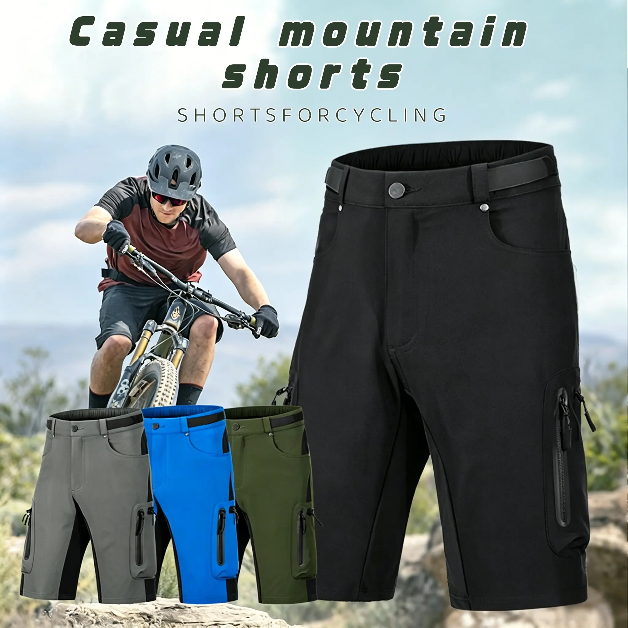 Men's Cycling Shorts in Stretch Jersey, Quick-Dry Athletic Fit with Zipper Pockets for MTB and Light Hiking