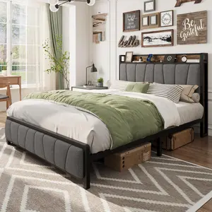 【GARVEE】Full Size Bed Frame with 2 Storage Drawers and Charging Station, Rustic Linen Upholstered Platform Bedframe with Storage Headboard, No Box Spring Needed, Easy Assembly, Noise Free, Grey
