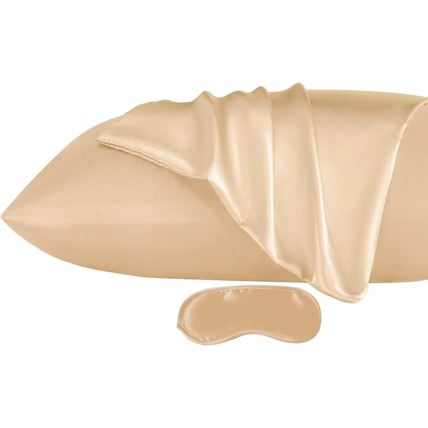 Champagne Gold Luxury Satin Queen Size Pillowcase Set (20x30 in, 2-Pack) with 1 Eye Mask, Breathable Fabric, Soft, Skin-Friendly Cooling Bedding Covers for Luxury Sleep (Care: Turn Inside Out, Use Mesh Laundry Bag)
