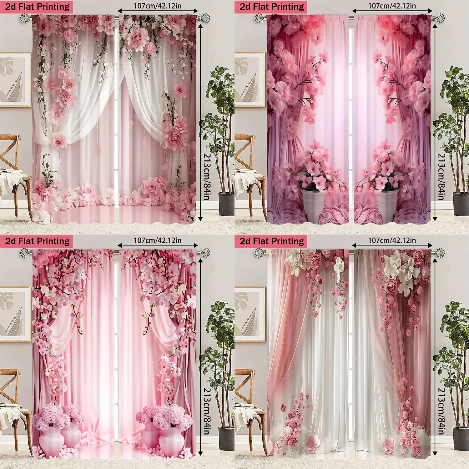 Floral Print Curtains Set of 2, Home Decorative Curtain, Home Decoration Curtain, Crystal Wind Chime Design for Living Room Study Bedroom Dining, Privacy Protection Filter Light Drapes Window Curtain