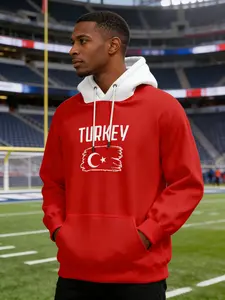 Colorblock Hoodie Sweatshirt, Casual Sporty Long Sleeve Pullover, Turkish Flag Print, Best Gift, Fitted H Type, All Seasons