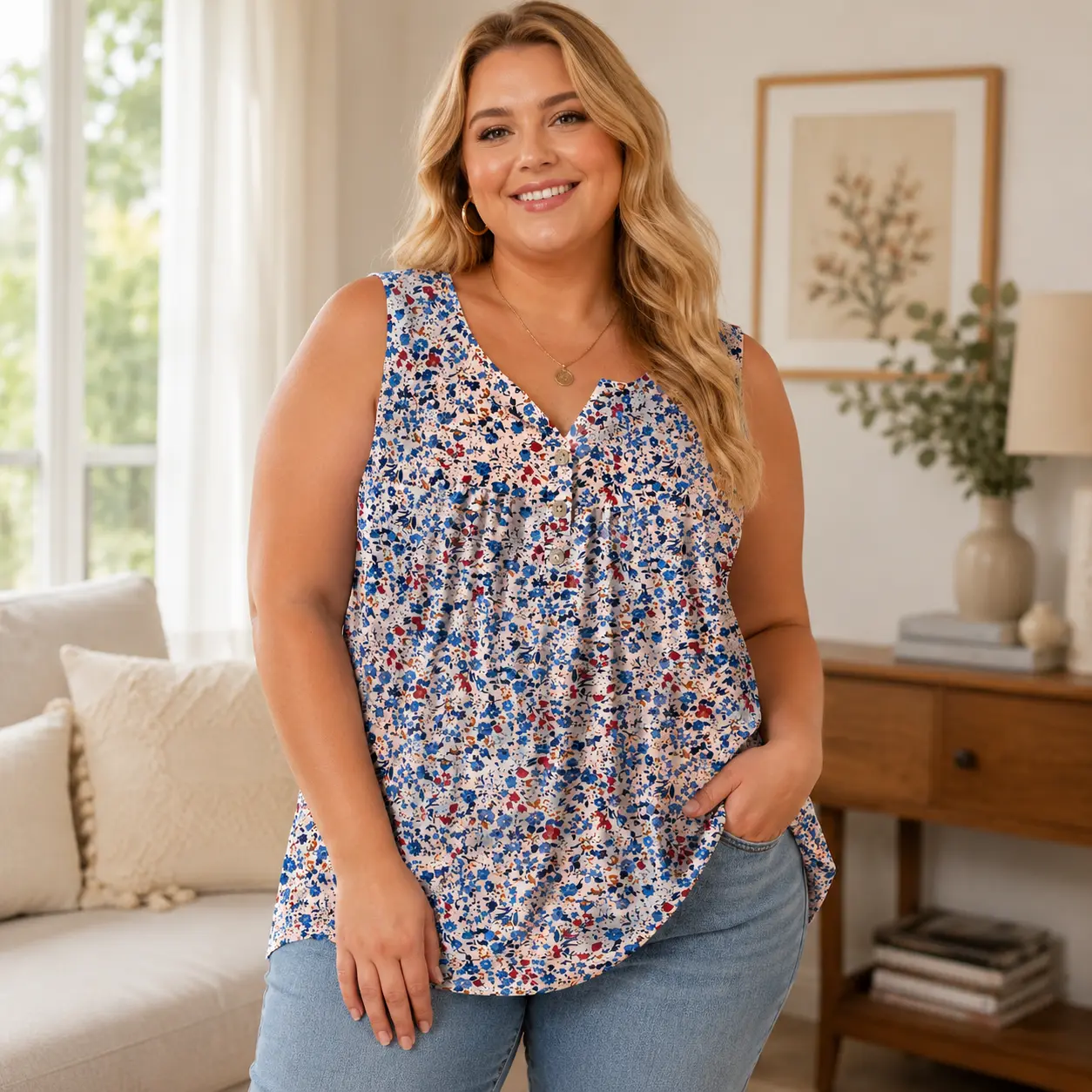 ROSRISS Women's Plus Size 28w V-Neck Loose Fit Pleated Henley Sleeveless Tank Top - Summer Casual Soft Fabric Printed Outdoor Top (2103), Prints