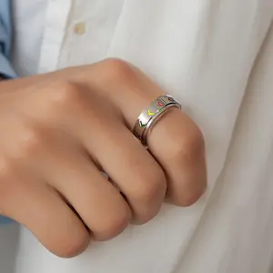 Men's Stainless Steel Rotating Ring - Fashionable Creative Dripping Rainbow Direction Arrow Detail Costume Jewelry, Easy Rotation, Sizes 7-11, for Casual Wear, Rotates,summerwins