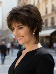 Fashionable Short Pixie Cut Brown Synthetic Material Wigs for Women, Fluffy Straight Hair with Side Bangs, Easy to Wear for Daily Outings, Birthdays and Festivals