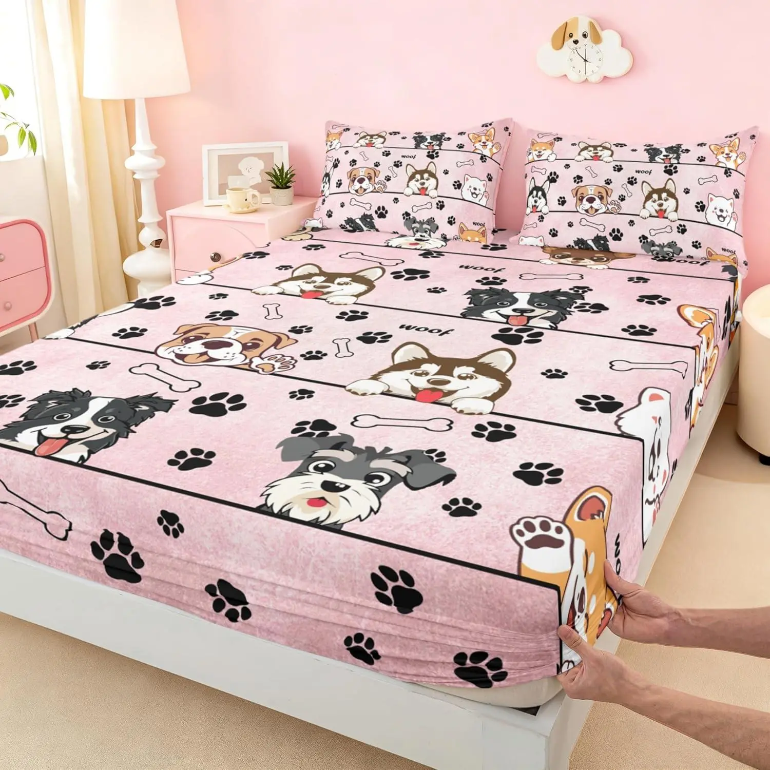 Cute Dog Bed Sheet Set,Home Decor Cartoon Puppy Pet Animals Sheet Set,Deep Pocket,Black Paw Bone Print Pink Mattress Cover,No Flat Sheet