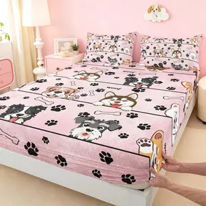 Cute Dog Bed Sheet Set,Home Decor Cartoon Puppy Pet Animals Sheet Set,Deep Pocket,Black Paw Bone Print Pink Mattress Cover,No Flat Sheet,summervibes