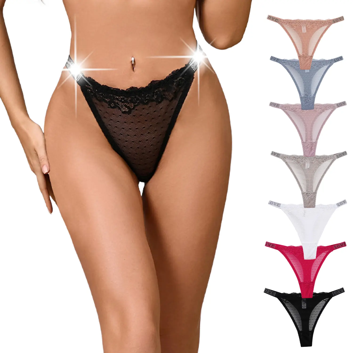 Women's 7-Pack Lightweight Skinny Thongs - Low Rise Sheer Mesh Panties with Soft Floral Lace, Bling Sparkly Rhinestone LOVE Straps, Spandex Fabric, Multi-Color Fashion Breathable Underwear for Everyday Outfits, Sexy, Shiny, Lacy
