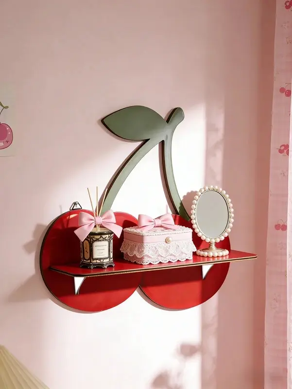 Cute Cherry Shaped Wooden Floating Wall Shelf, Boho Wall Mount Storage Organizer, Creative Aesthetic Display Shelf for Nursery, Bedroom and Living Room Home Decor