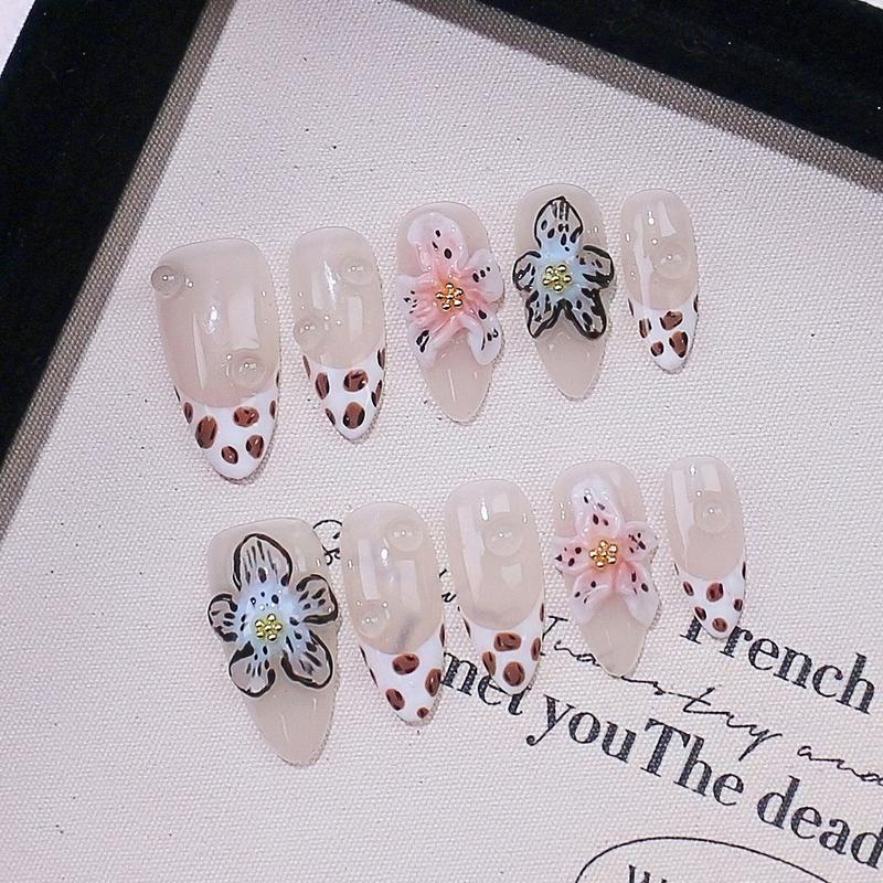 Cherry Press on Nails Almond Handmade Fake Nails with 3D Flower Bow Design Cute 10PCS False Nails Summer Stick on Nails for Women