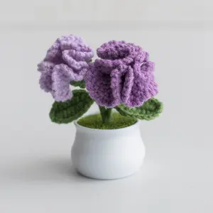 Handmade Crochet Carnation Bouquet Potted Flowers, Artificial Flower Potted Plant, Knitted Artificial Forever Flowers with Exquisite Pot Decor Decorative Fruit Decoration Gift Ornaments