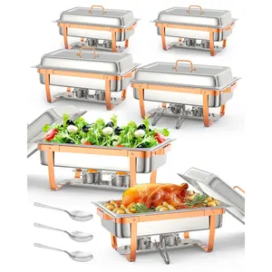 9L Stainless Steel Chafing Dish Set of 6, Gold Rectangle Buffet Food Warmers with Pans, Lids & Fuel Holders, Catering Chafer for Wedding, Banquet, Party Buffet Service
