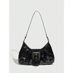 Vintage Buckle Shoulder Bag Y2K Punk PU Leather Handbag Clutch Purse