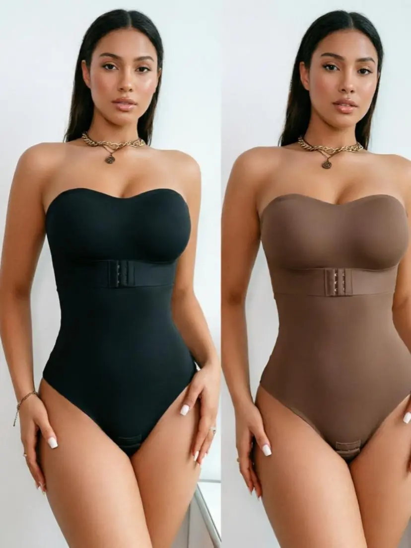 2-Piece Strapless Shapewear Bodysuit Set – Tummy Control & Butt Lift for Dresses, Weddings & Daily Wear (Black + Brown)