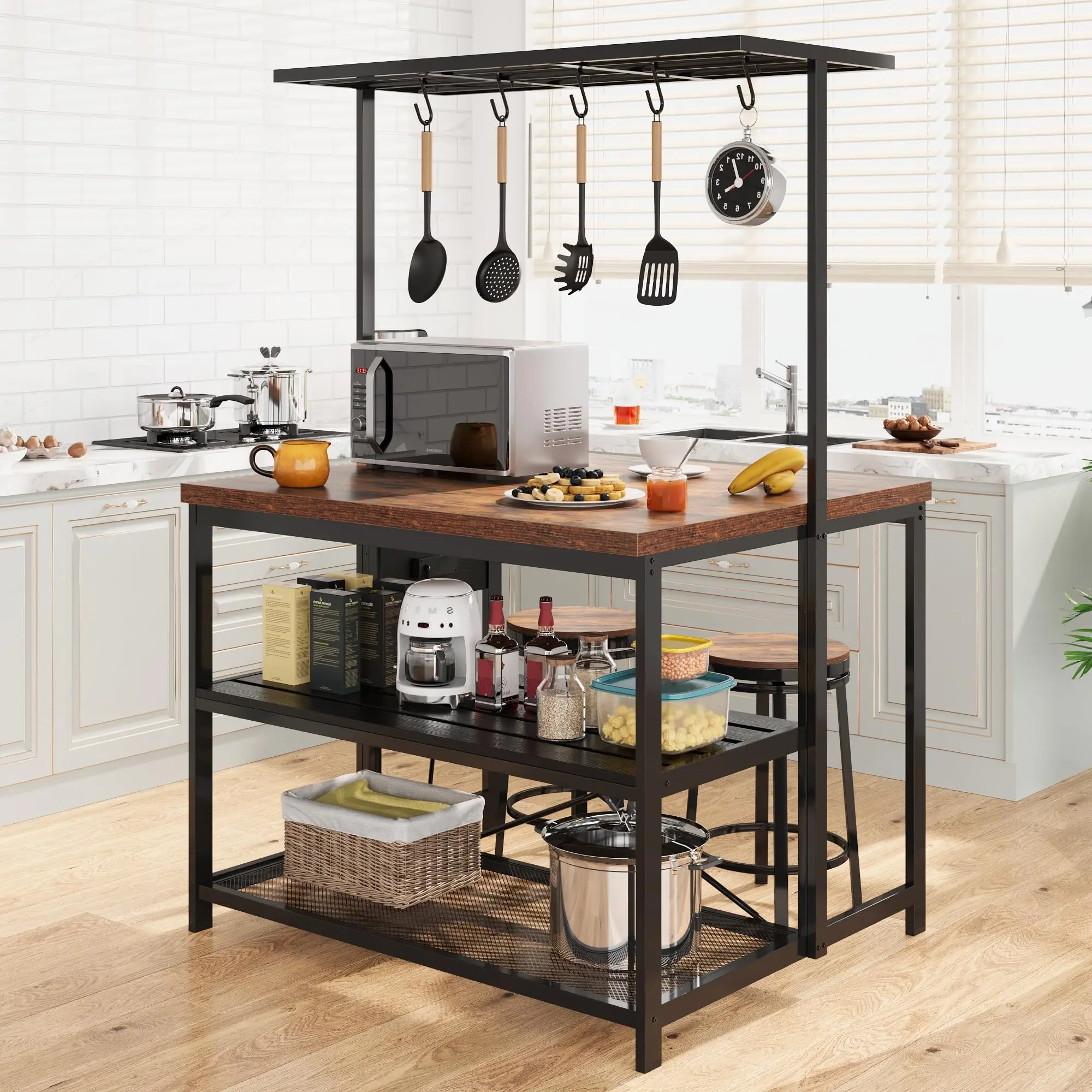 GARVEE 47 inch Kitchen Island with Storage & Power Outlet 3-Tier Microwave Stand, Coffee Bar Table, and Bakers Rack with 5 Hooks for Kitchen, Dining and Living Rooms