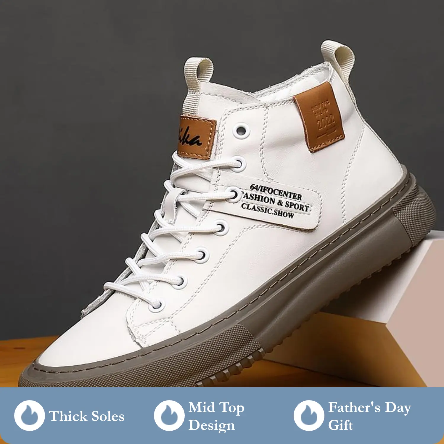 Men's Casual Trainers Training Boot - White Mid Top Sports and Leisure Shoes with Thick Soles, Versatile for Autumn and Winter Fathersdaygift Outdoor Sneakers