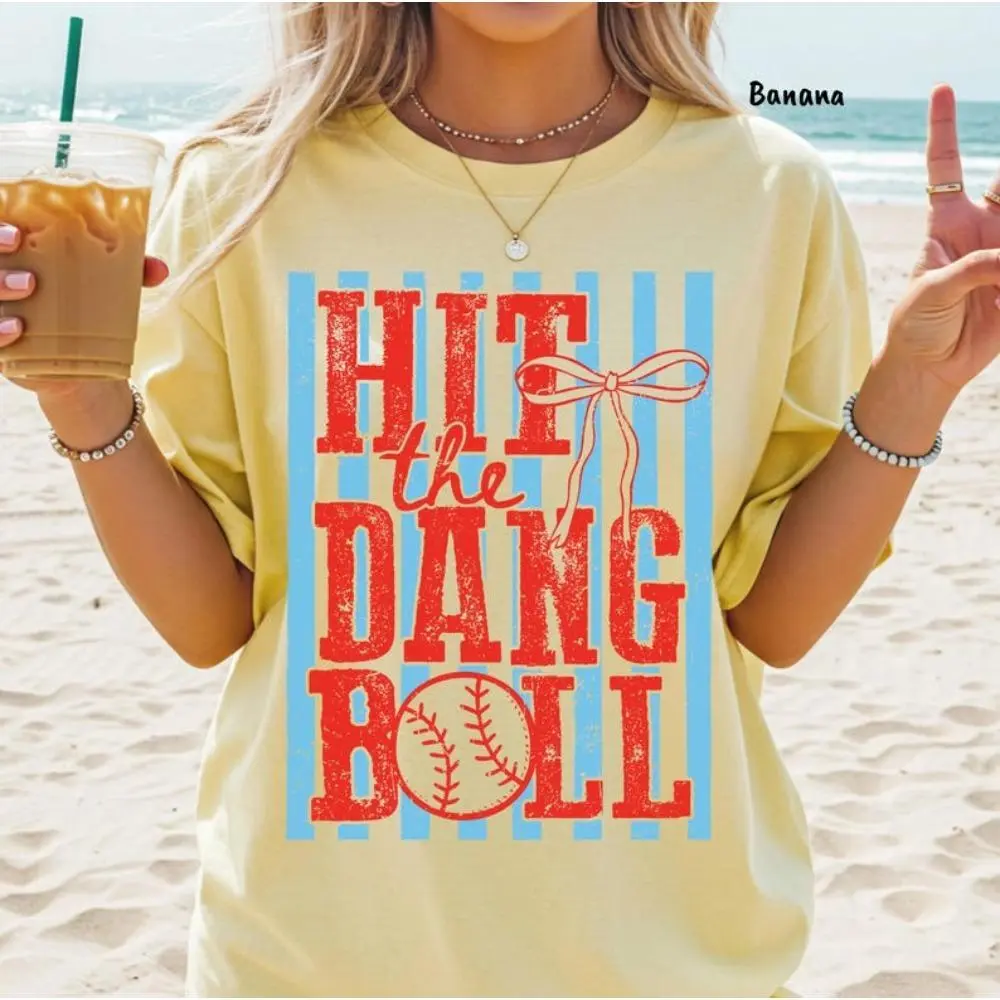 Women's 'Hit The Dang Ball' Retro T-Shirt, Trendy Graphic Tee in Smooth Combed Cotton Fabric, Casual Lightweight Game Day Top, Essential, Tops, Crew Neck, Short Sleeve, Classic, True-To-Size, Unisex