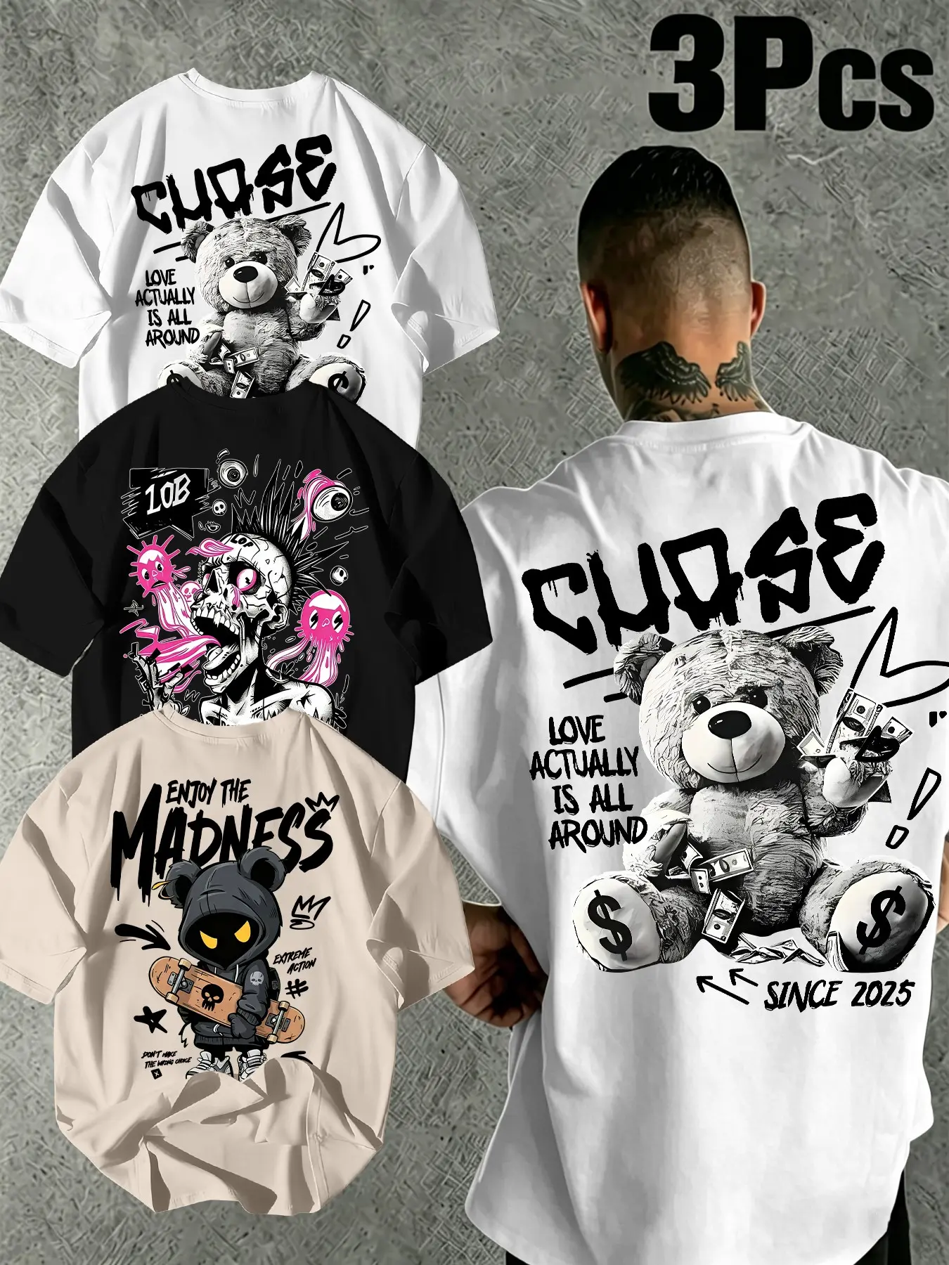 American Streetwear Cartoon Graffiti Graphic T-Shirt 3-Pack, Bold Graphic Tee, Casual Style Tee, Trendy Bear/skeleton Print Loose Oversize Short Sleeve Top, Casual Fashion Apparel