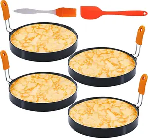 4 Packs 6 Inch Non-stick Stainless Steel Pancake Egg Ring for Griddle, Omelet Pancake Cake Crumpet Mold with Silicone Handle, Comes with Spatula & Oil Brush